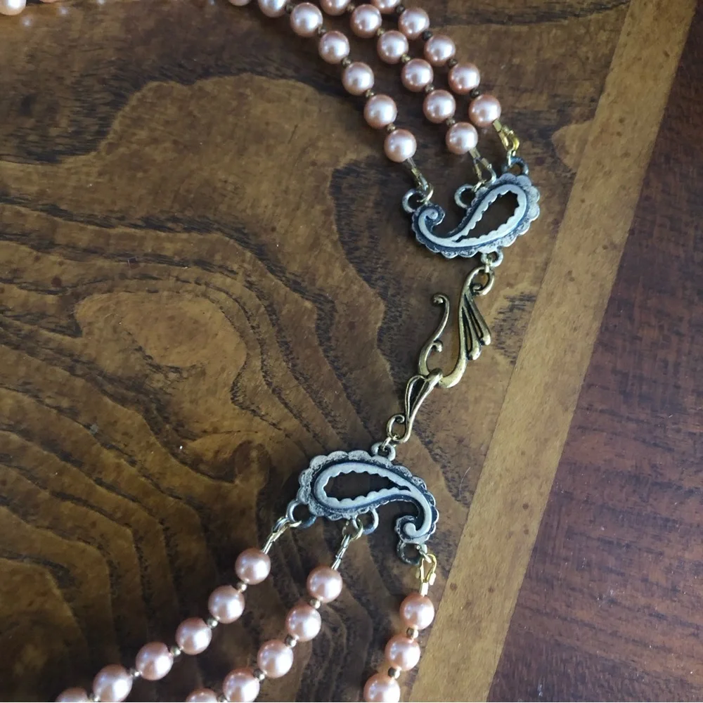Handcrafted triple strand Czech glass Pearl paisley filigree clasp necklace